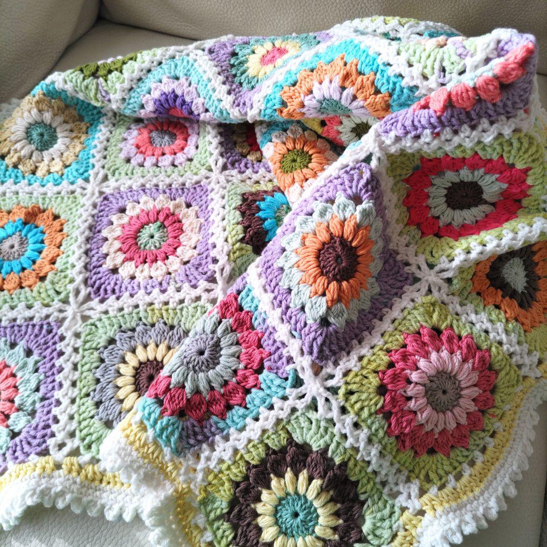 手編みブランケット★コットン★カラフル★おひさまグラニースクエア