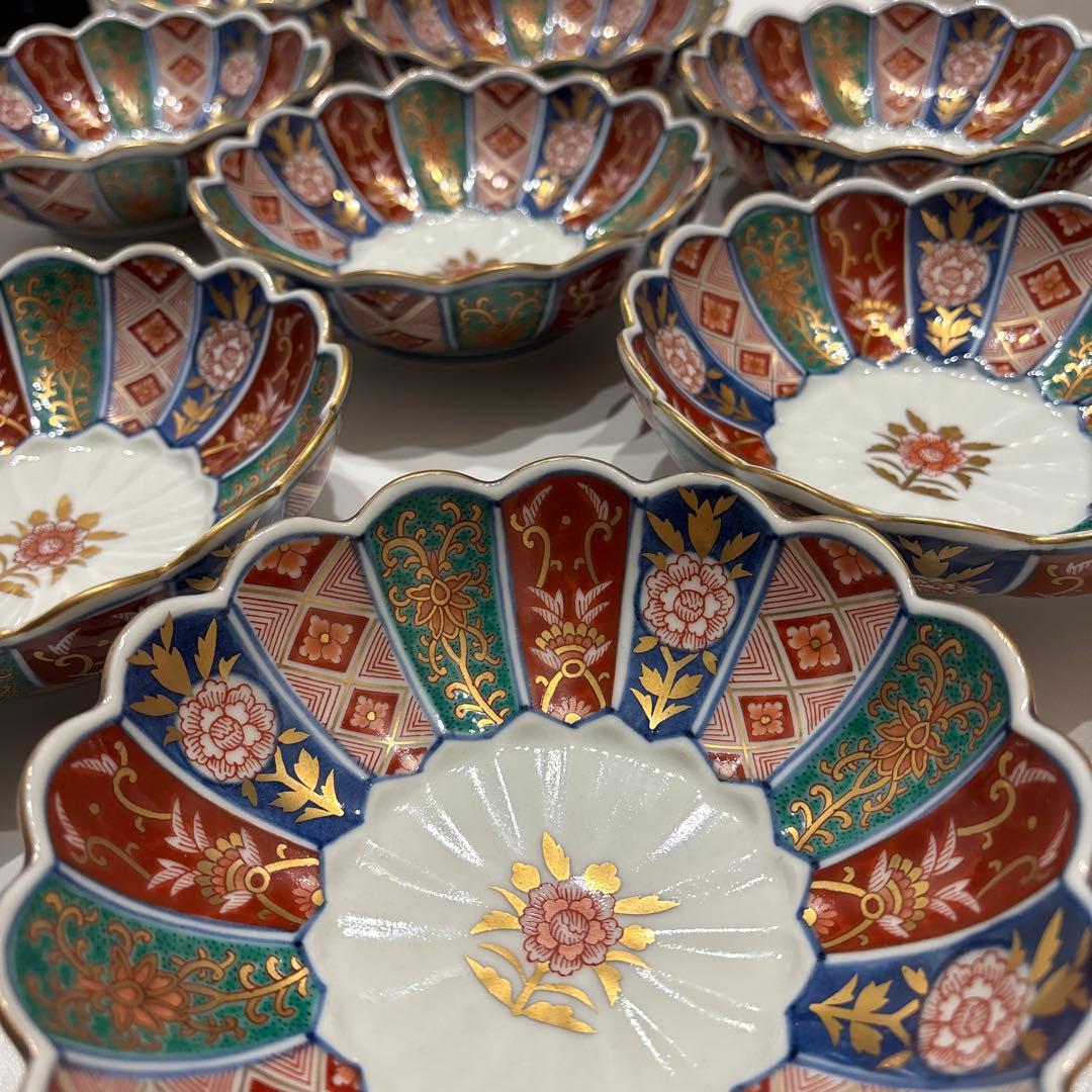 【美品】有田焼 林九郎作 色絵金彩 小鉢 10客セット 和柄 花形