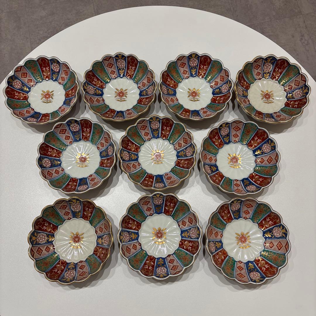 【美品】有田焼 林九郎作 色絵金彩 小鉢 10客セット 和柄 花形