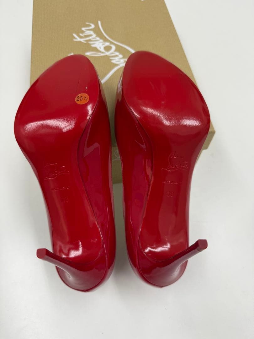 Christian Louboutin 赤 エナメル オープントゥ ハイヒール