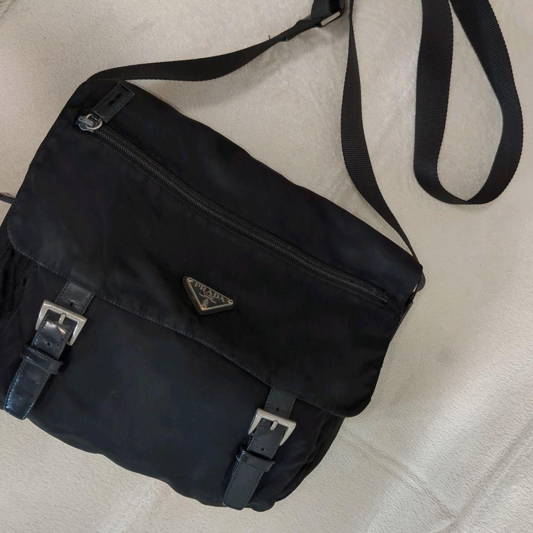 PRADA メッセンジャーバッグ ブラック 三角ロゴ レザー テスートナイロン