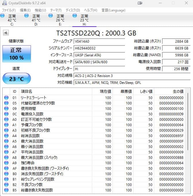 Transcend SSD 2TB 2.5インチ 正常100％