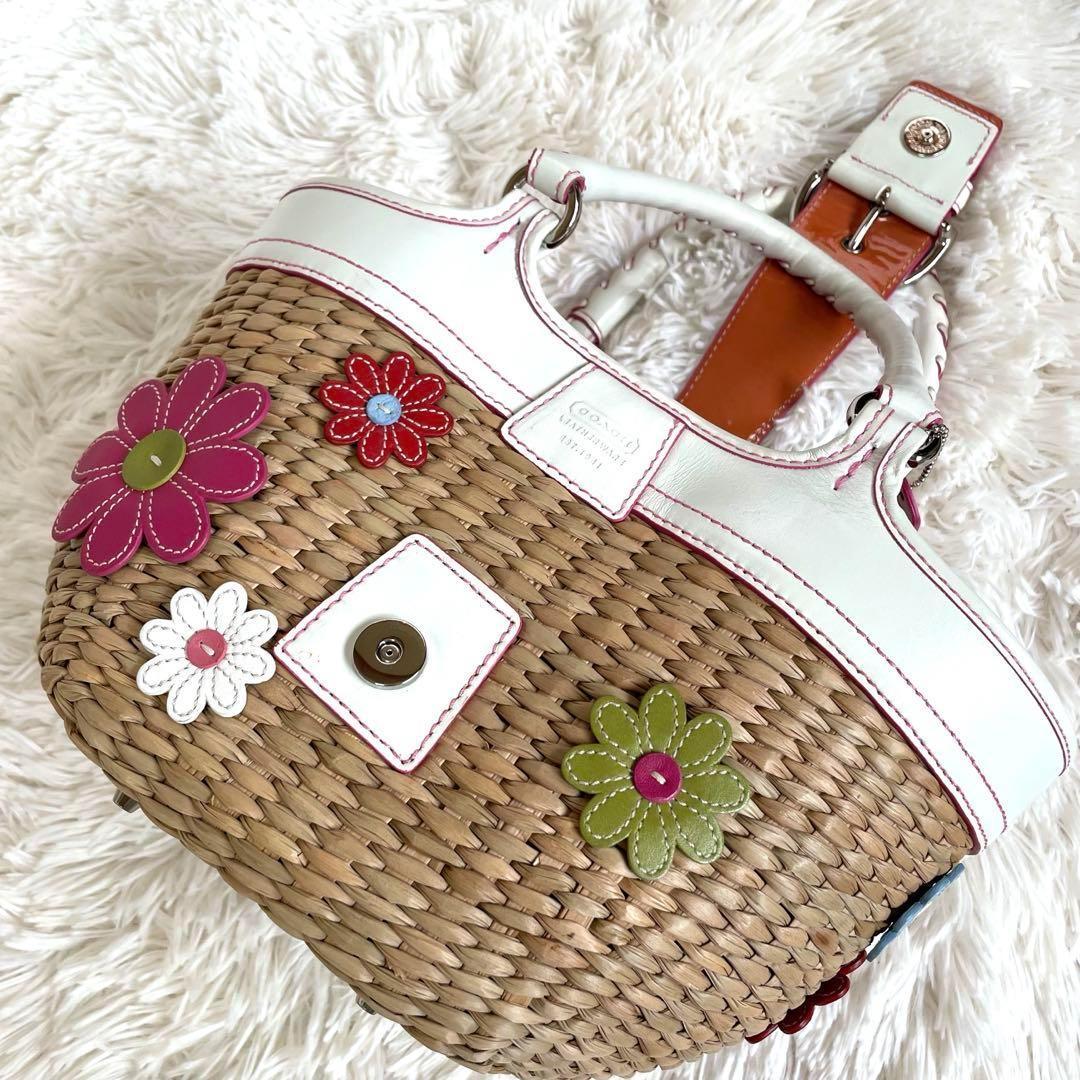 美品✨コーチ　フラワーモチーフ ストローバッグ かごバッグ 花 ソーホー　保存袋