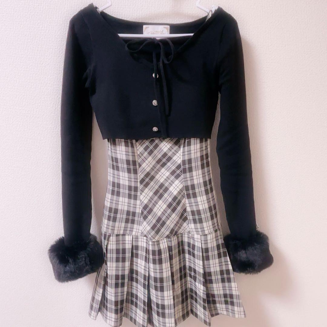 michellMacaron ボレロsetチェックプリーツワンピ xs