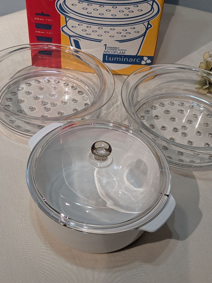 リュミナルク　蒸し器　ガラス　未使用　綺麗　鍋　ホワイト　せいろ　説明書付き