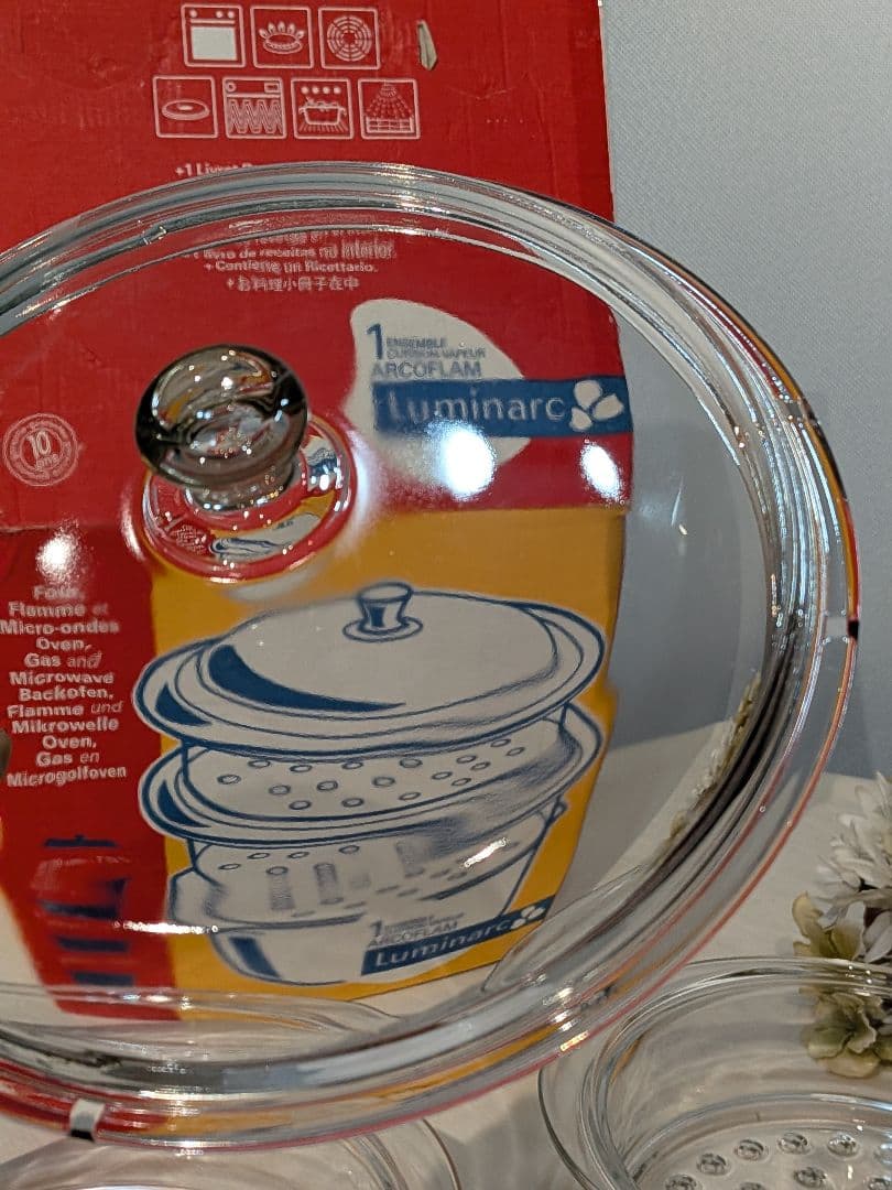 リュミナルク　蒸し器　ガラス　未使用　綺麗　鍋　ホワイト　せいろ　説明書付き