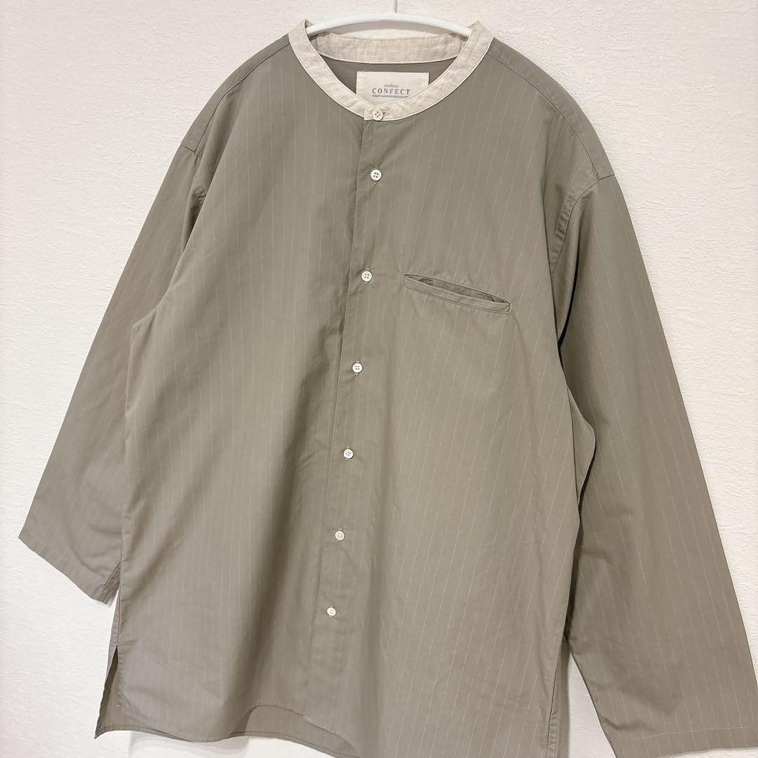 【美品】ネストローブコンフェクト　ストライプバンドカラーシャツ　綿麻　グレー　4