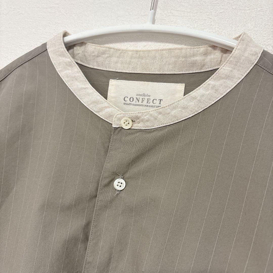 【美品】ネストローブコンフェクト　ストライプバンドカラーシャツ　綿麻　グレー　4