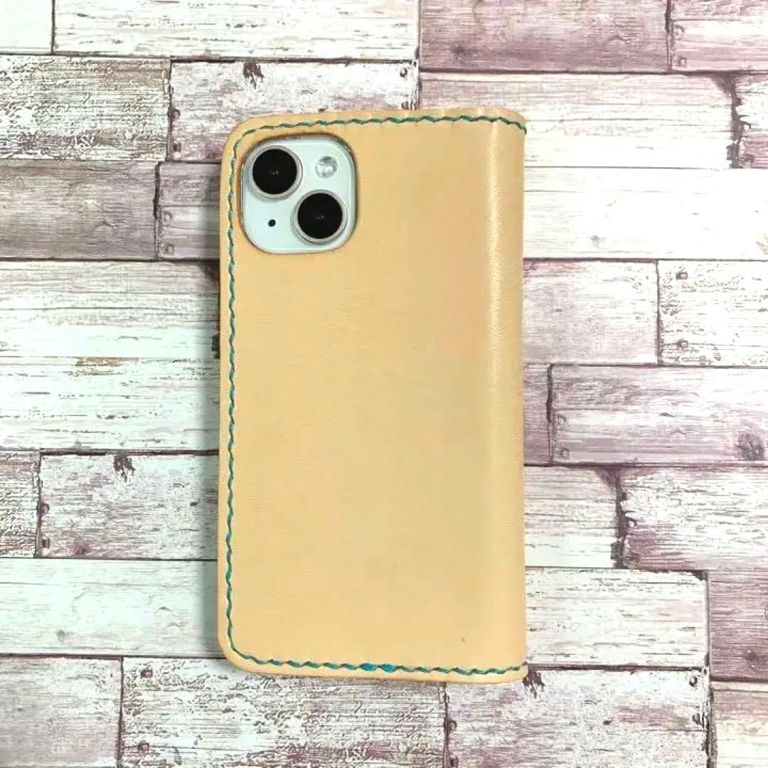 2枚ポケット付き　ヌメ革　ナチュラル　iPhoneケース　手帳型　本革