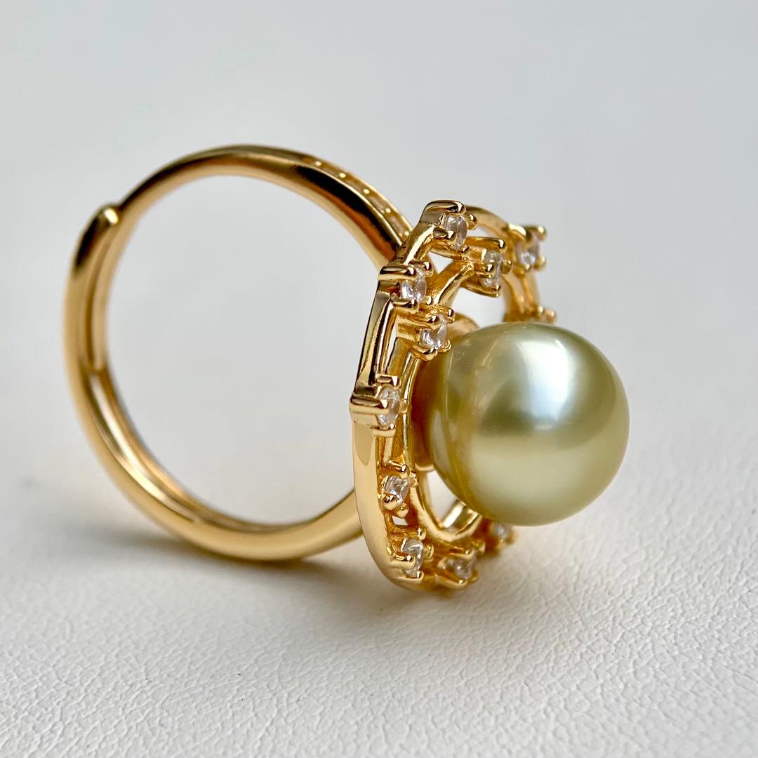 本真珠南洋白蝶真珠　茶金(緑)9.6㍉s925リングY1023