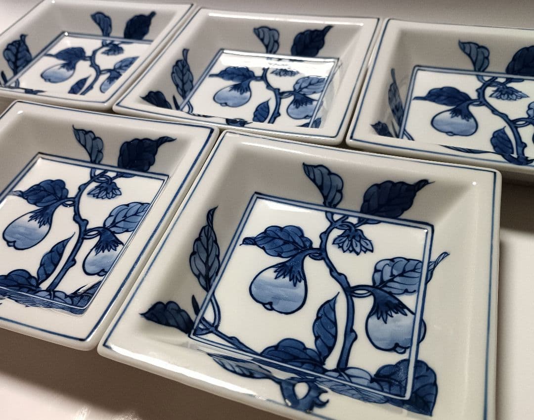 源右衛門窯 染付 茄子絵 四角 銘々皿 5枚組