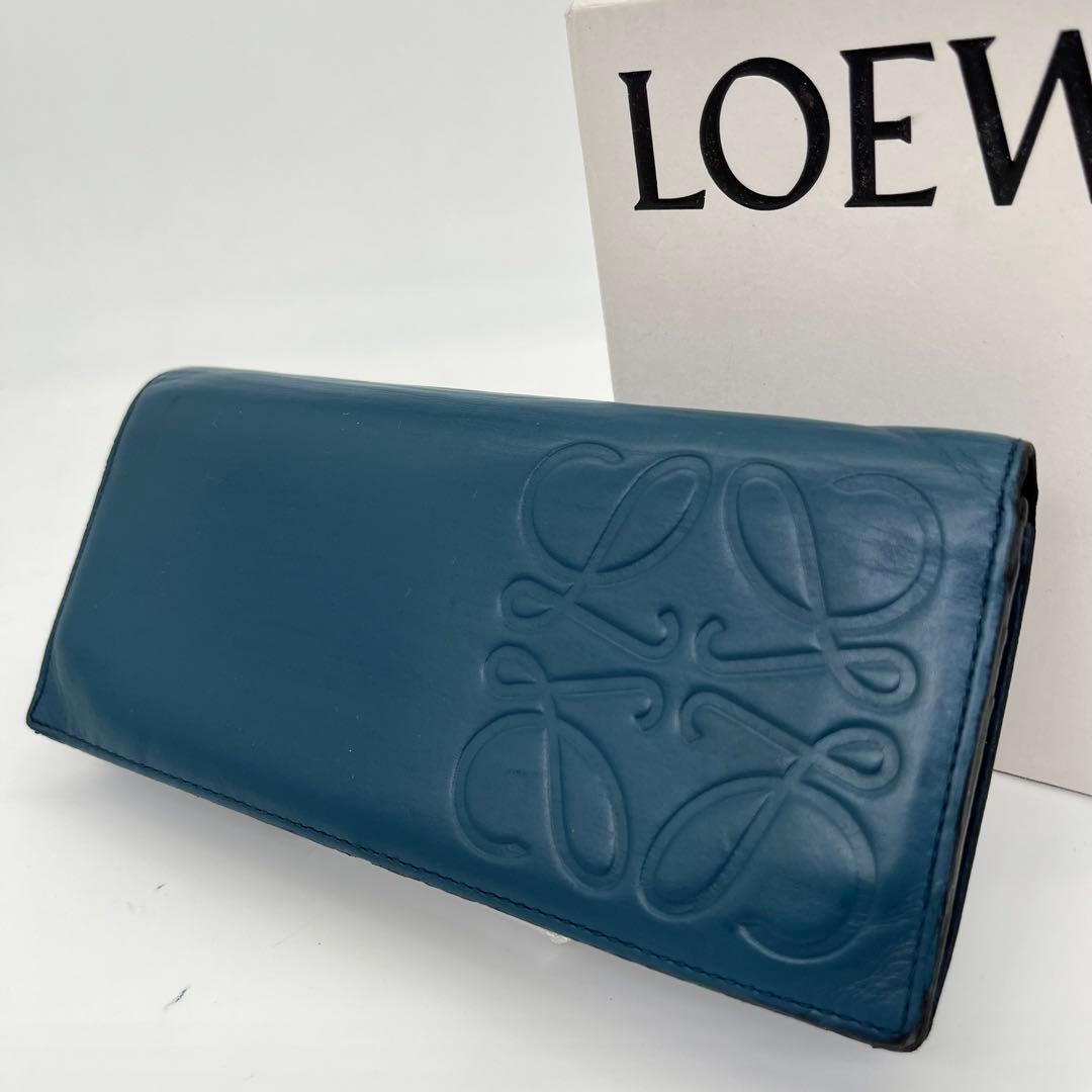 LOEWE 長財布 フラップウォレット アナグラム デカロゴ ネイビー レザー