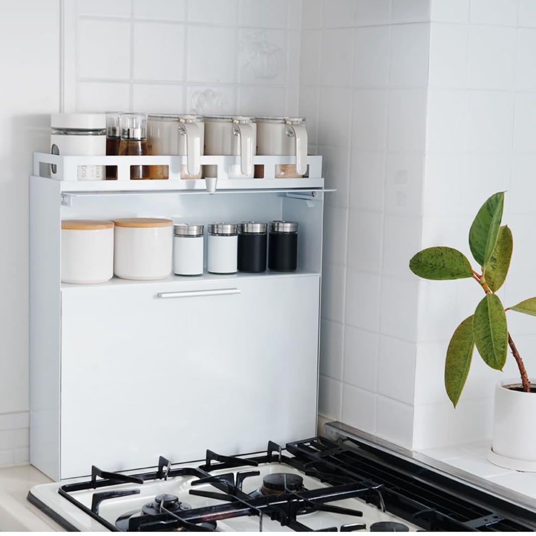 値下げ　アウトレット　隠せる調味料ラック 前が開く 完成品 (ホワイト)