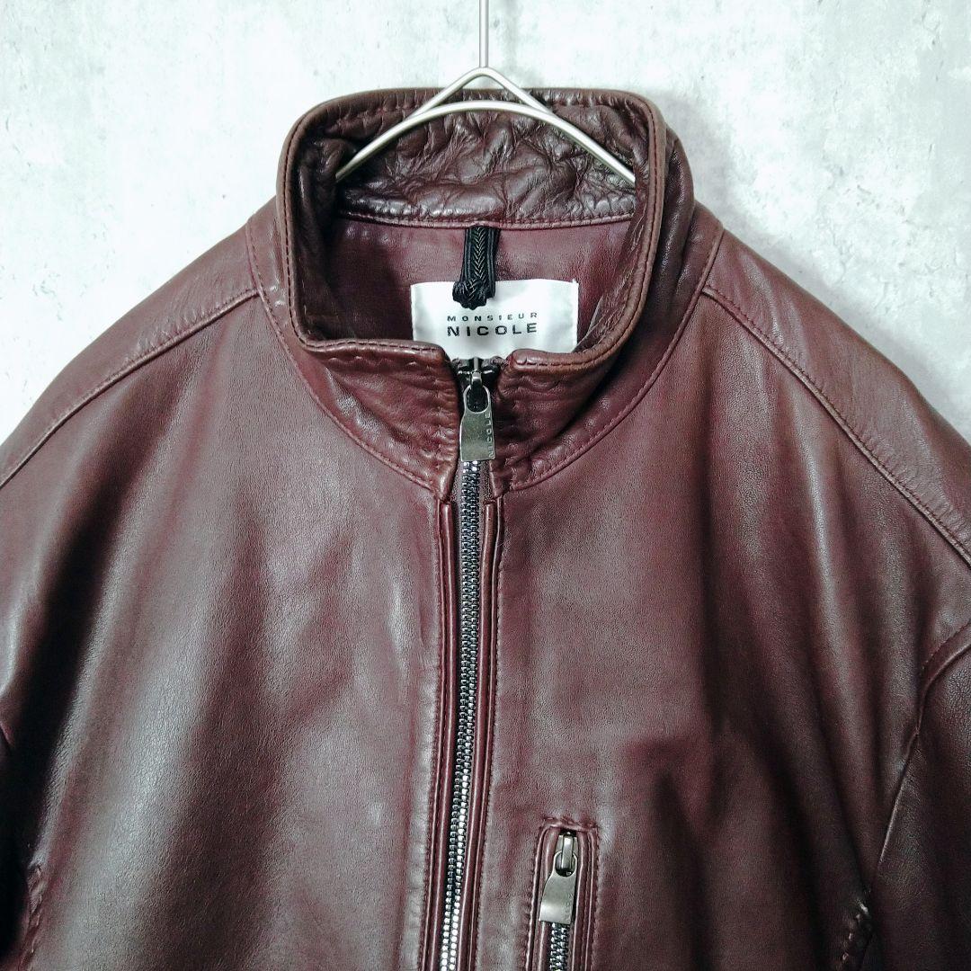 ムッシュニコル バーガンディ 羊革 50 レザー シングルライダースジャケット