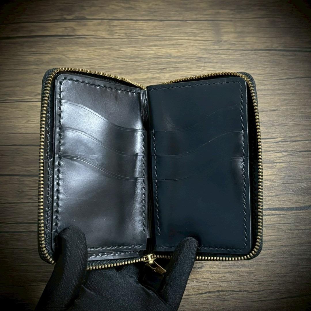 総手縫い ラウンドジップ ミドルウォレット 本革 牛革 ブラック 黒