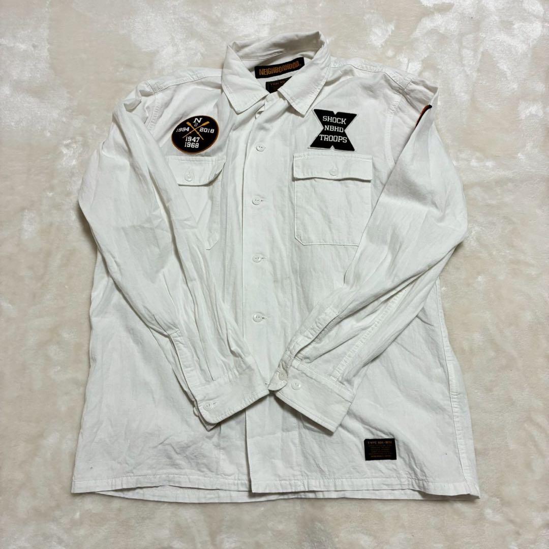 ネイバーフッド　シャンブレーシャツ　ワッペン　アップリケ　両面ロゴ　白　L