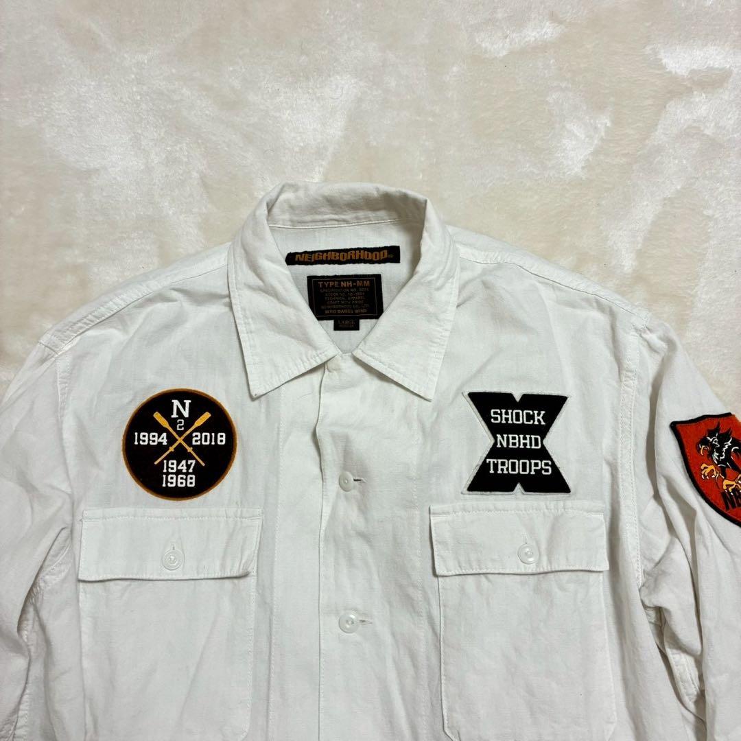 ネイバーフッド　シャンブレーシャツ　ワッペン　アップリケ　両面ロゴ　白　L