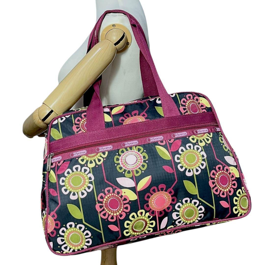 未使用級✨レスポートサック　A4可　ボストンバッグ　ナイロン　花柄　肩掛け　鍵付