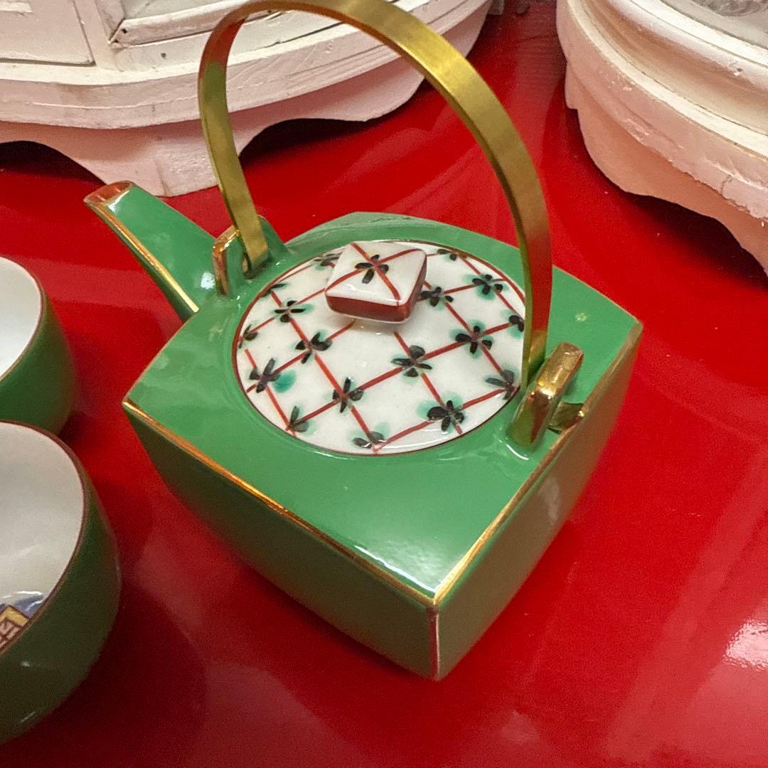 陶器製グリーン　急須と茶碗2つのセット新品未使用