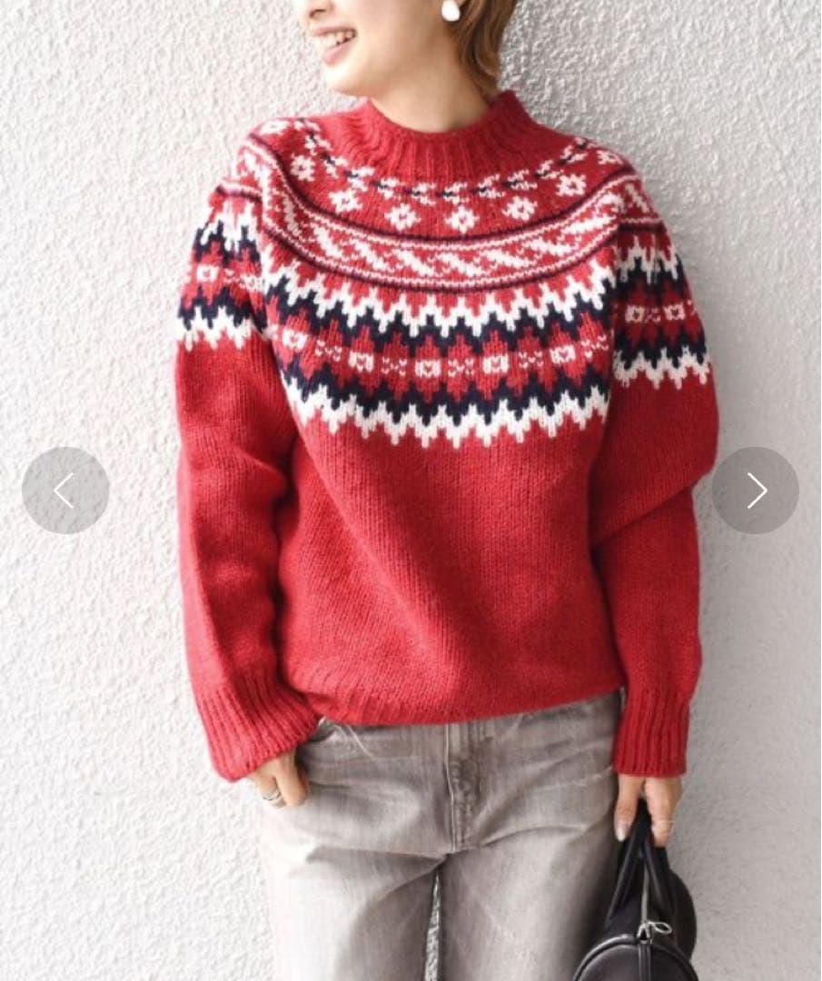 美品　Harley of Scotland ハイネックノルディックニット　赤系