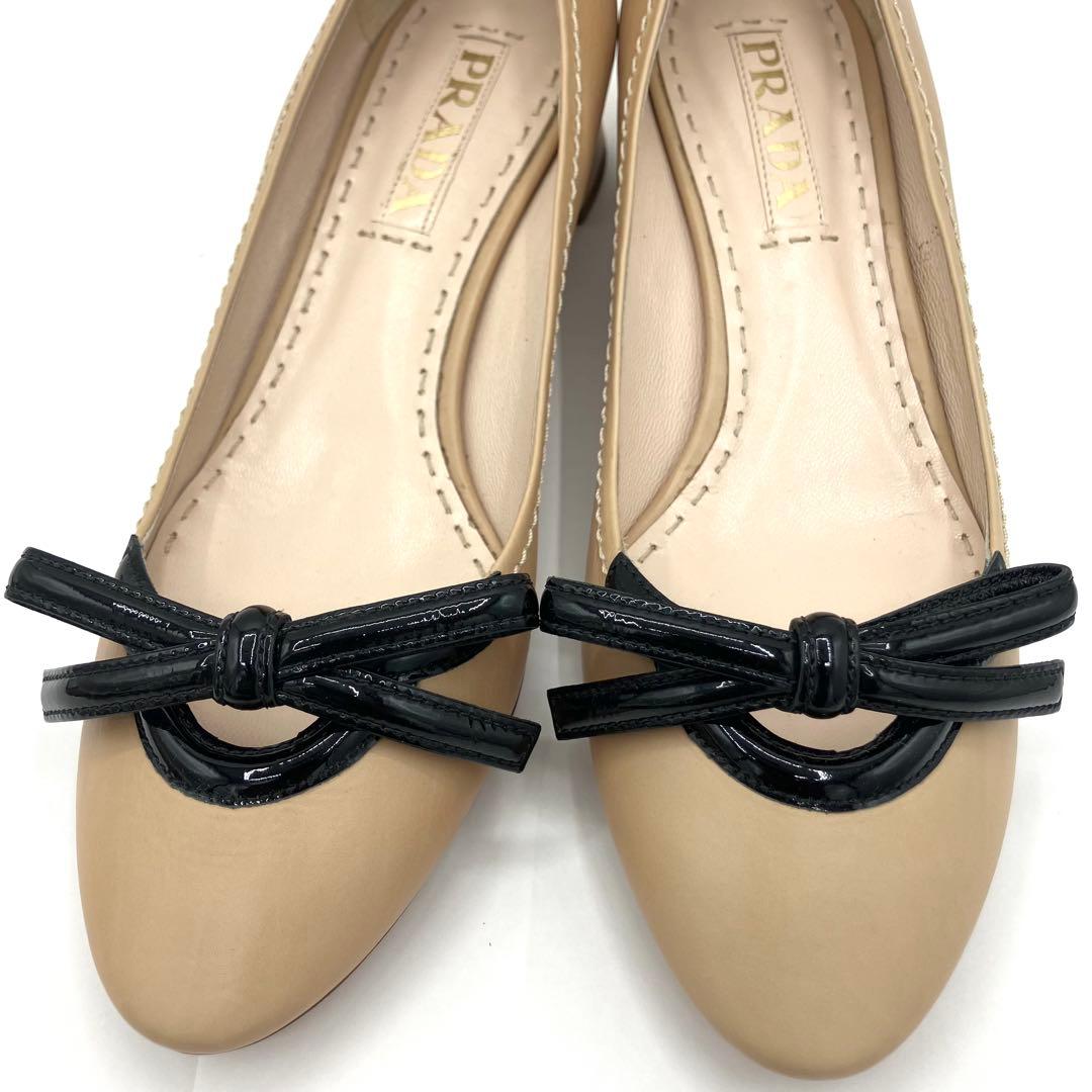 プラダ　パンプス　23cm リボン　コンビレザー 太ヒール　バイカラー