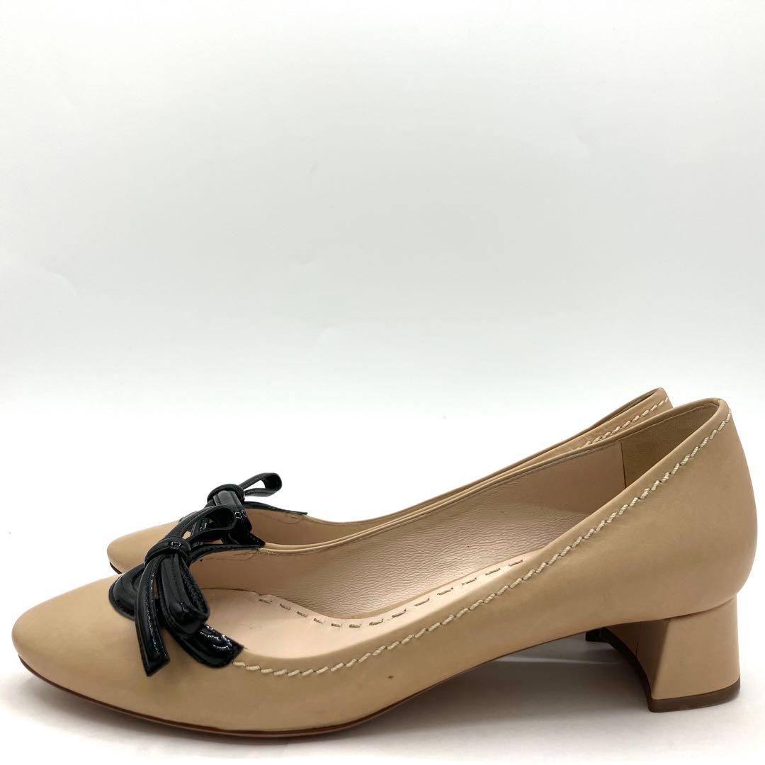 プラダ　パンプス　23cm リボン　コンビレザー 太ヒール　バイカラー