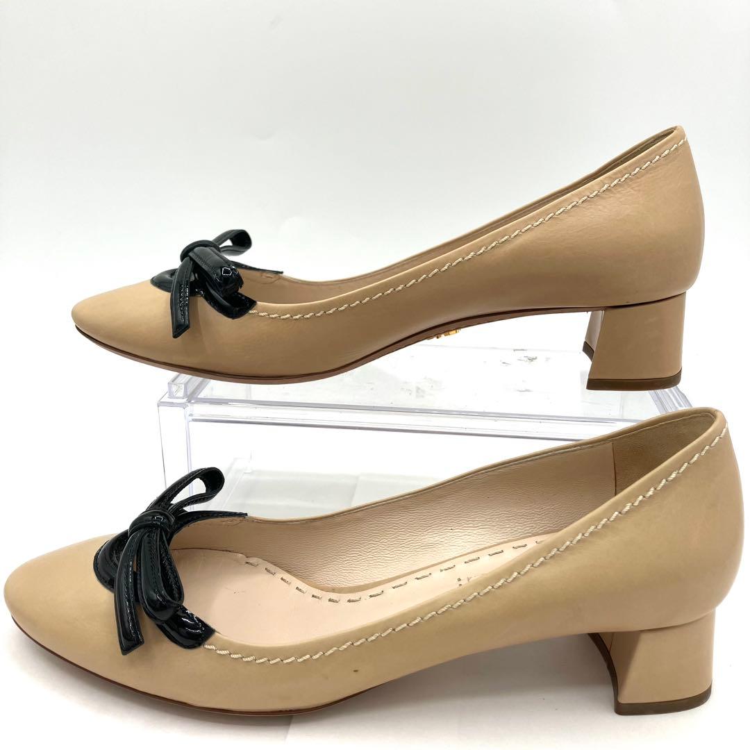 プラダ　パンプス　23cm リボン　コンビレザー 太ヒール　バイカラー