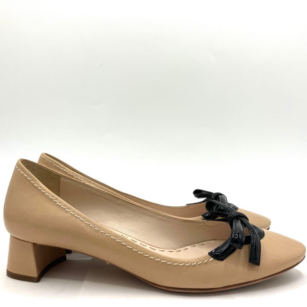 プラダ　パンプス　23cm リボン　コンビレザー 太ヒール　バイカラー