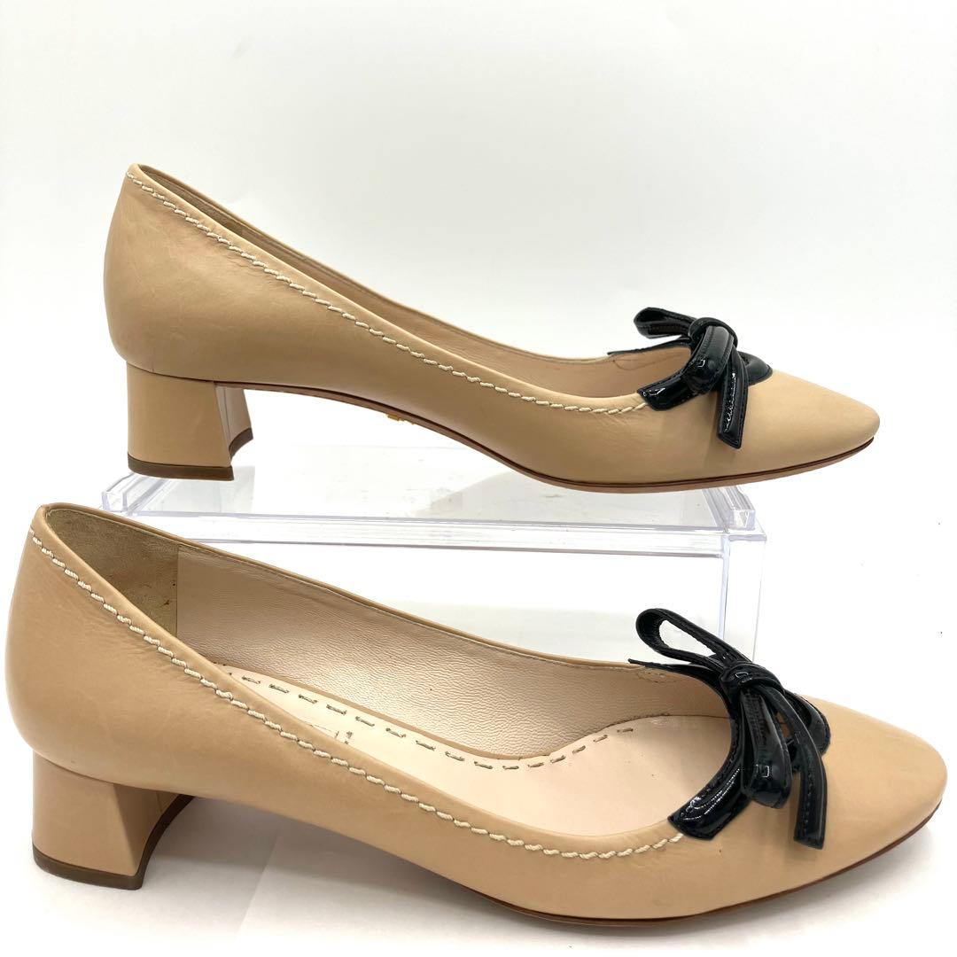 プラダ　パンプス　23cm リボン　コンビレザー 太ヒール　バイカラー