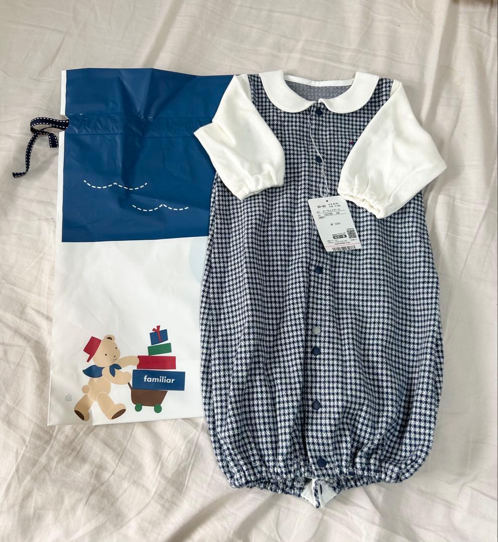 新品・未使用　タグ付き　familiar チェック柄ロンパース 青