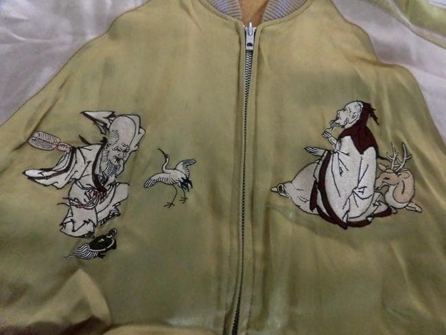 花旅楽団 スクリプト 七福神 刺繍 リバーシブル スカジャン XL 菊 和柄