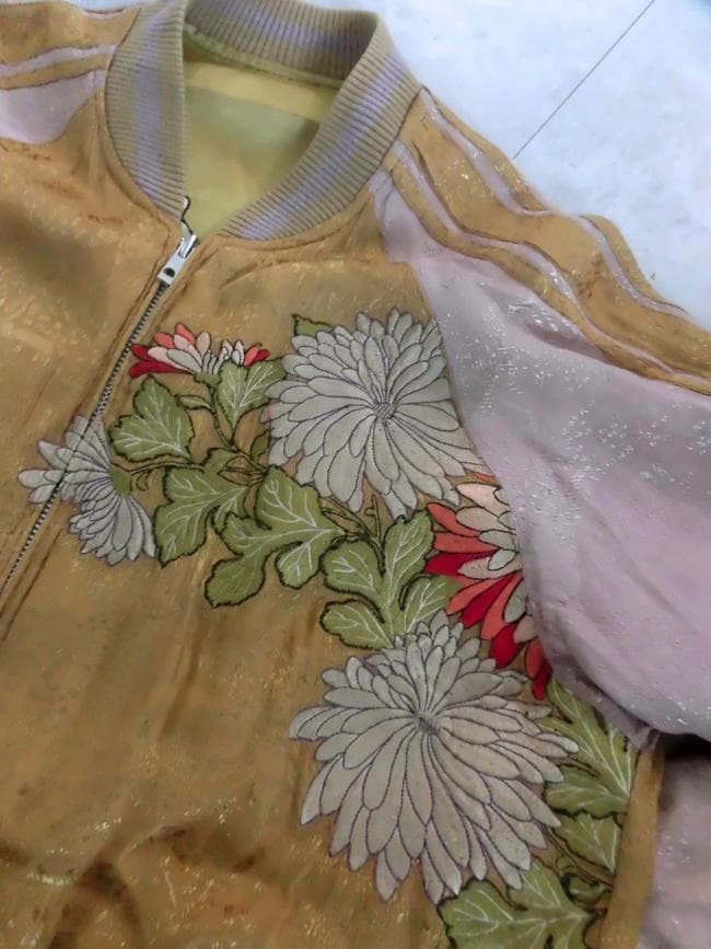 花旅楽団 スクリプト 七福神 刺繍 リバーシブル スカジャン XL 菊 和柄