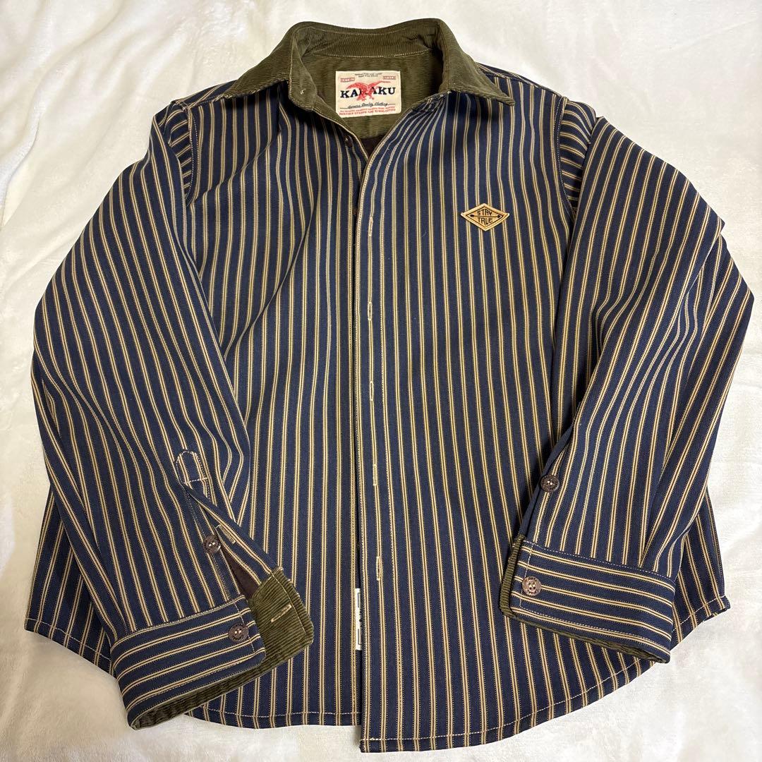 Karaku 刺繍コーデュロイ切替裏フリースストライプシャツ