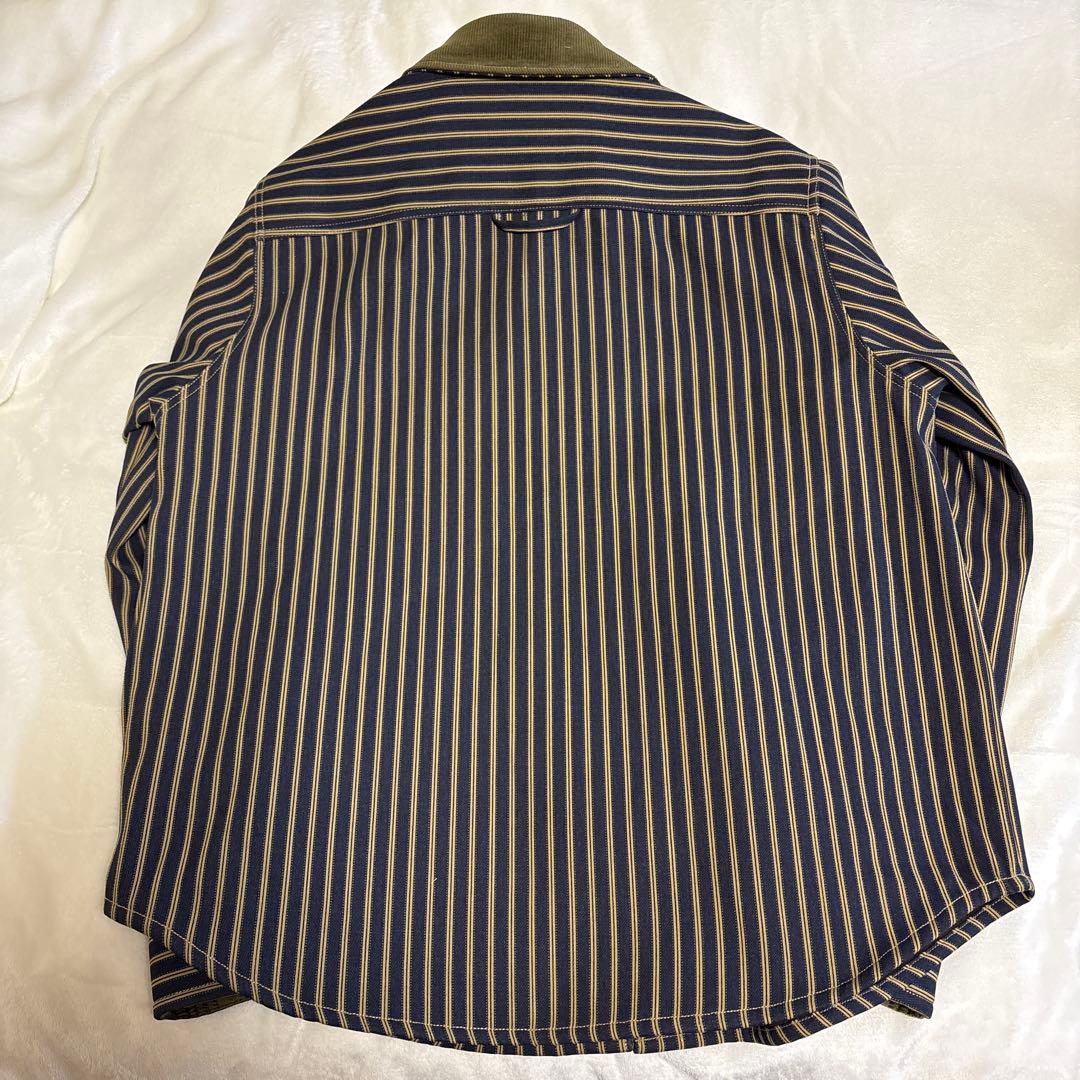 Karaku 刺繍コーデュロイ切替裏フリースストライプシャツ