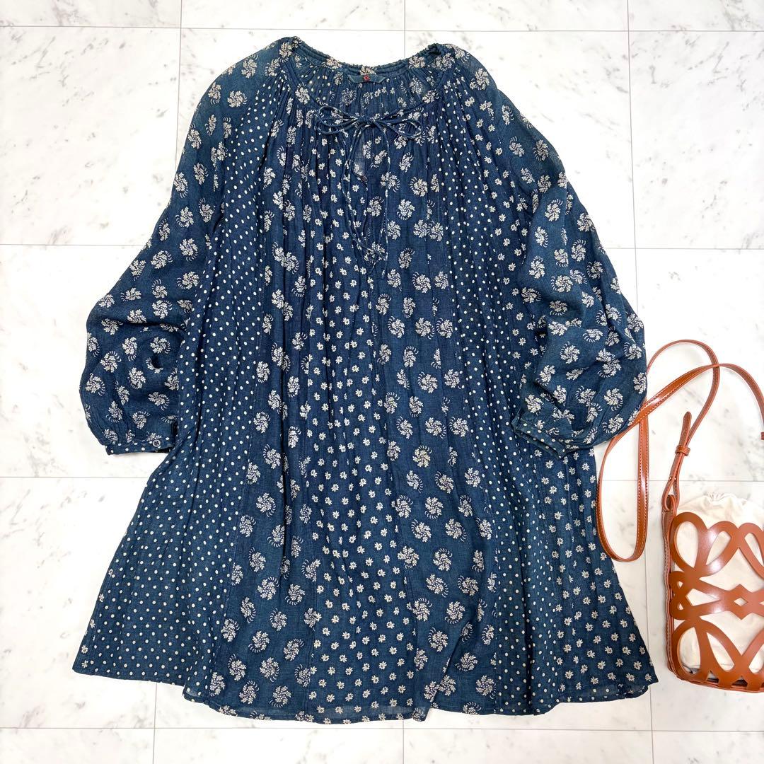 45R インディゴ 小花柄 ドット パッチワークチュニック ブラウス サイズ3