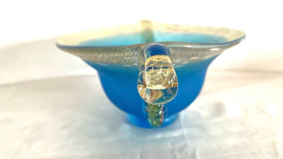 き*ば様 ガラス工芸 黒木国昭 金彩 オーシャンブルー 花器 鉢 器 硝子【CK