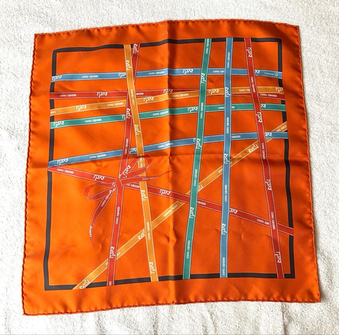 【今だけお値引き！】【美品】HERMES オレンジ シルクスカーフハンカチ