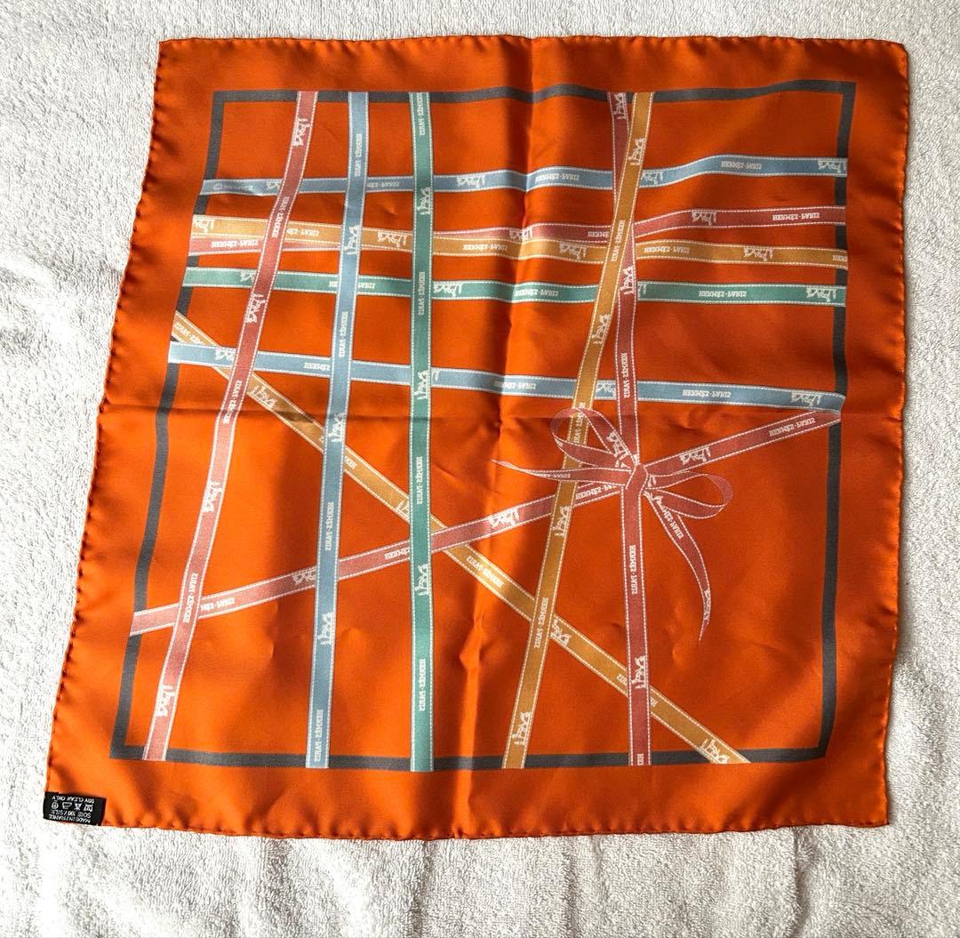 【今だけお値引き！】【美品】HERMES オレンジ シルクスカーフハンカチ