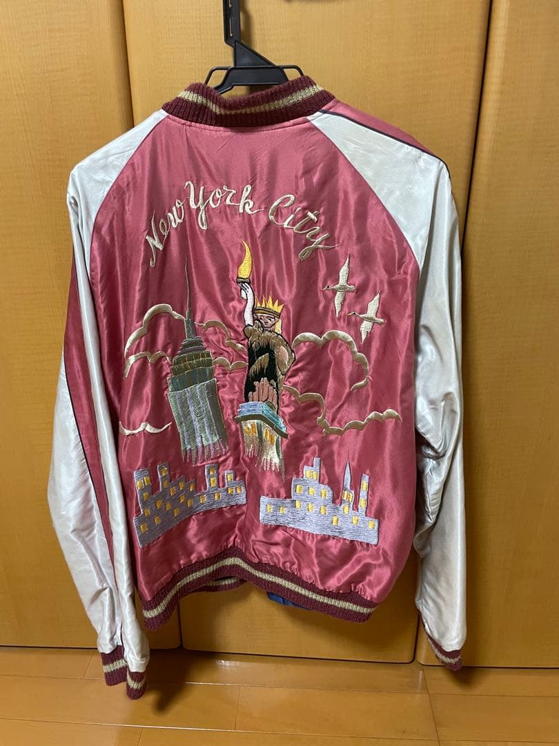 虎　自由の女神　刺繍 スカジャン 青金　ピンク