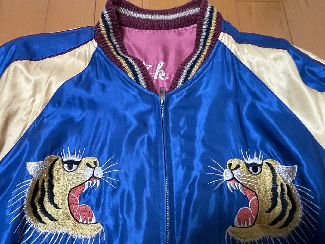 虎　自由の女神　刺繍 スカジャン 青金　ピンク