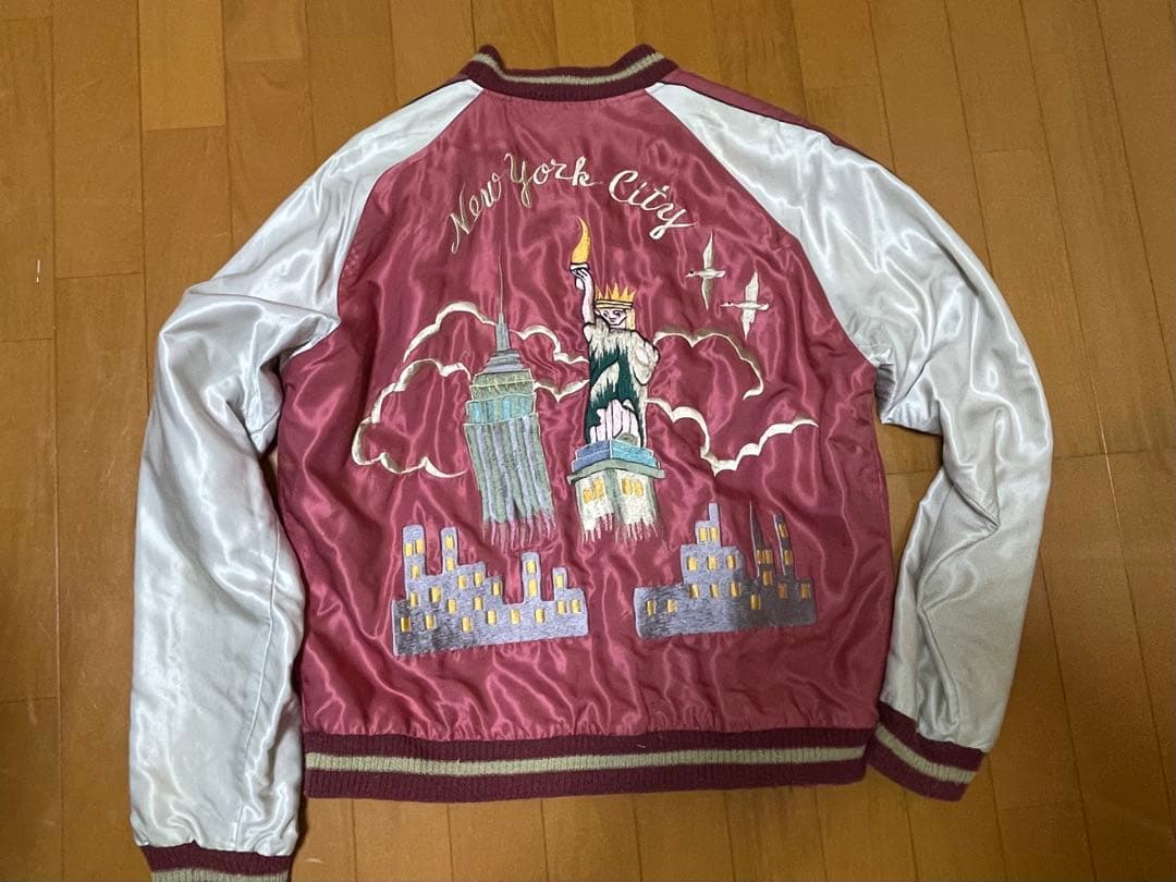 虎　自由の女神　刺繍 スカジャン 青金　ピンク