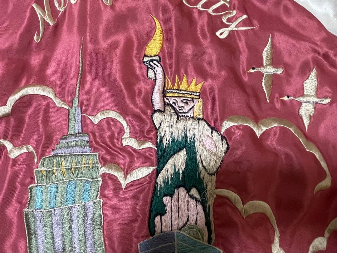 虎　自由の女神　刺繍 スカジャン 青金　ピンク