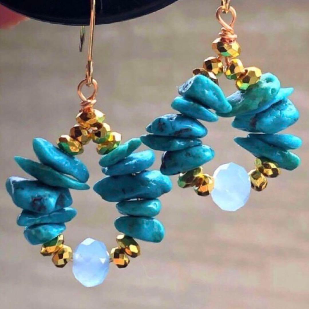 天然石☆夏☆ターコイズ×アクアマリンのピアス14kgf