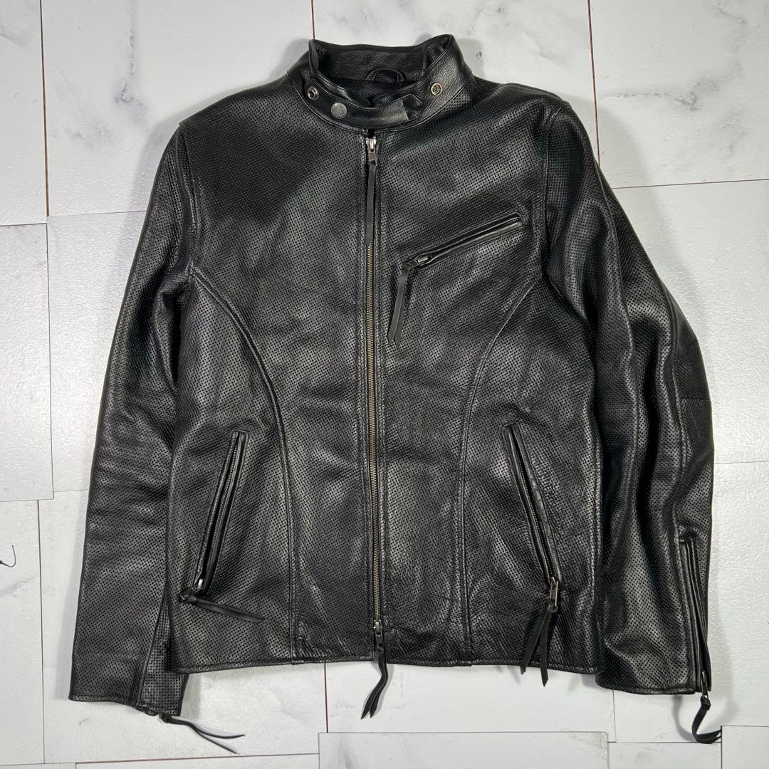 極美品 リューグーレザーズ ブラックパンチングレザー ライダースジャケット Ｌ