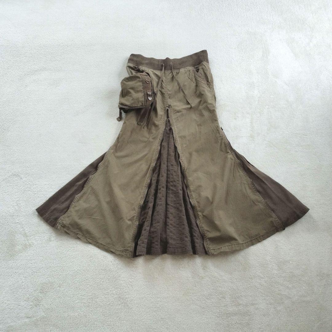 希少goaミリタリーポーチ付きロングスカートy2k カーキリネンジップ