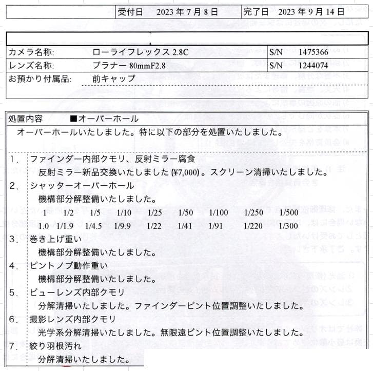 ローライフレックス2.8C　プラナー80㎜f2.8 オーバーホール済