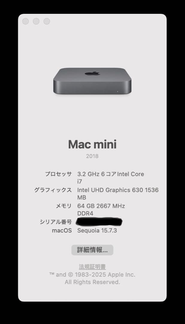 Apple Mac mini 2018 6コア i7 64GB / 256GB
