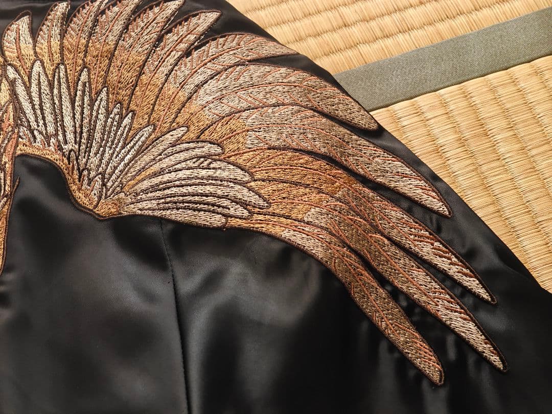 【超美品！】【超格好いい！】刺繍スカジャン黒サテン生地不死鳥 鳳凰 フェニックス