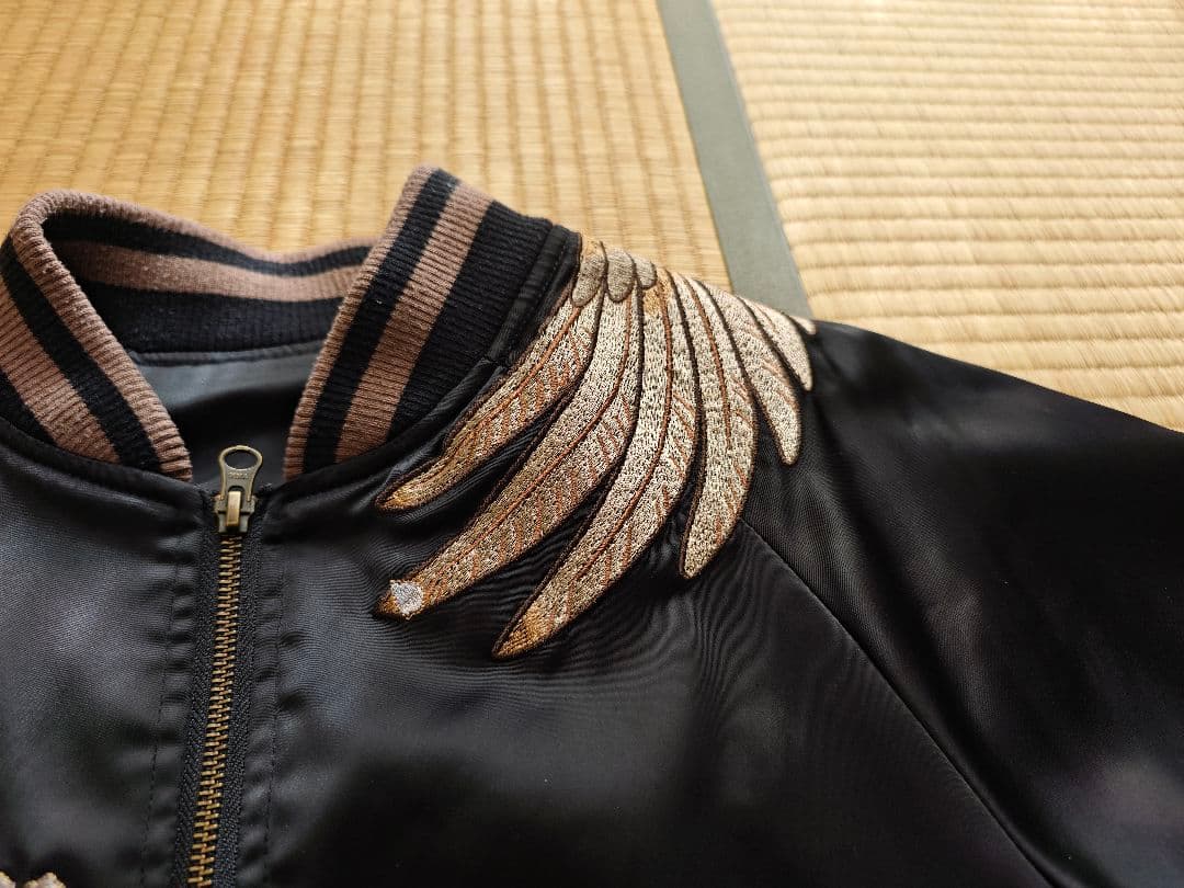 【超美品！】【超格好いい！】刺繍スカジャン黒サテン生地不死鳥 鳳凰 フェニックス