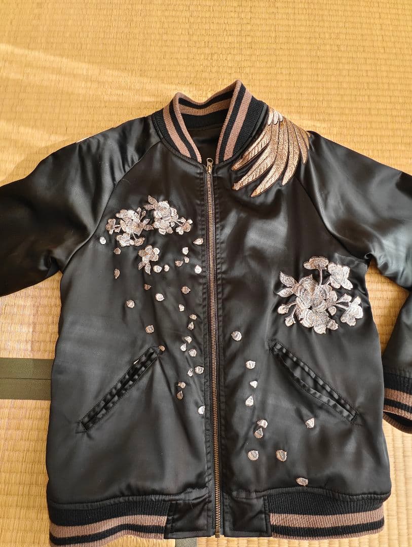 【超美品！】【超格好いい！】刺繍スカジャン黒サテン生地不死鳥 鳳凰 フェニックス